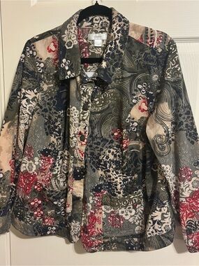 CJ Banks Olive Multi Patchwork-Print Jean Jacket with Red Accents